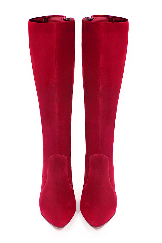 Cardinal red women's feminine knee-high boots. Tapered toe. High spool heels. Made to measure. Top view - Florence KOOIJMAN